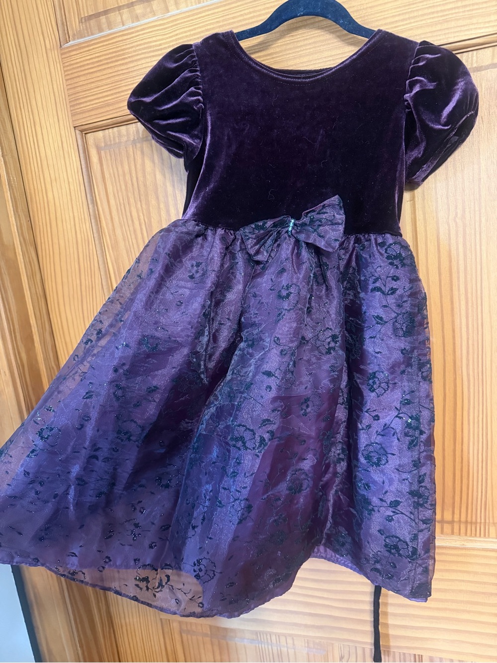 Vintage Girls Velvet & Lace Bow Party Dress - Deep Plum 5T